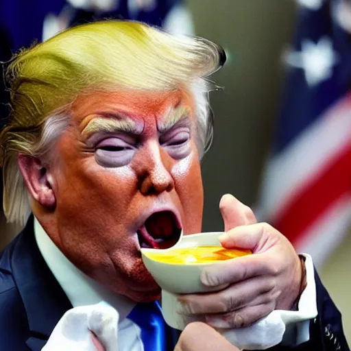 Prompt: donald trump is a crying baby in a highchair with pudding all over his face