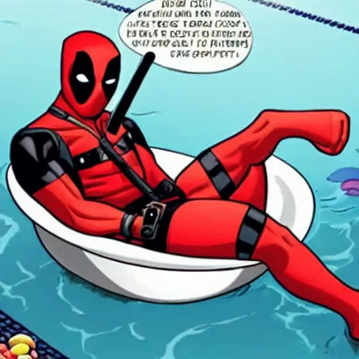 Image similar to Deadpool at home swimming in a bathtub full of fruity pebbles cereal