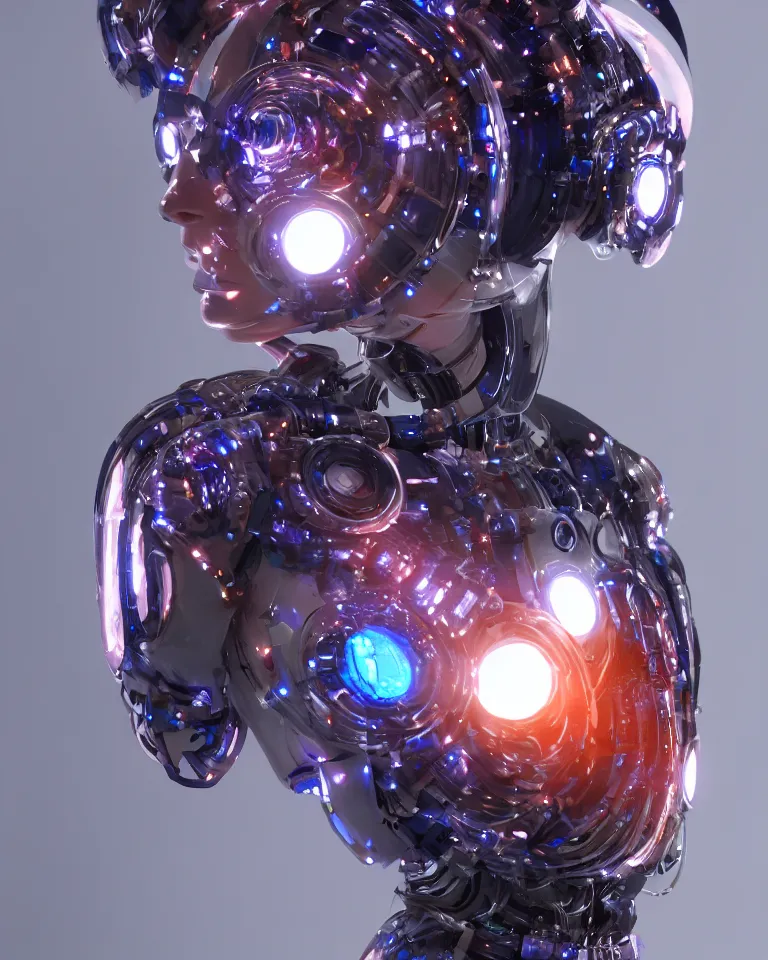 Image similar to Opal cyborg fashion robot, cyber copper spiral decorations, translucent elegant modern design, headshot half figure, photorealistic, 8k, hyper detailed, unreal engine, trending on artstation