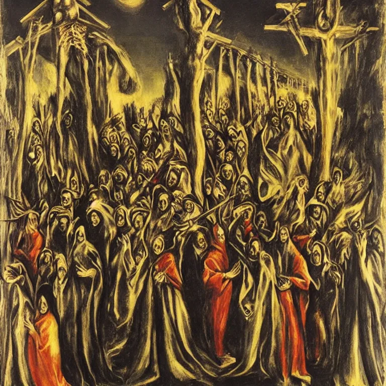 Prompt: A Holy Week procession of souls in a lush Spanish village at night. A figure at the front holds a cross. El Greco, Remedios Varo.