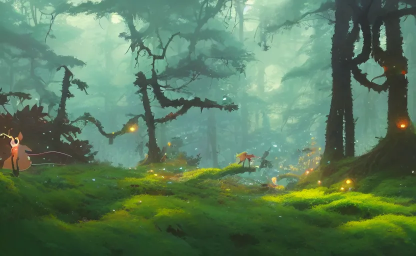 Image similar to fantasy forest with moss - covered machines, cory loftis, james gilleard, atey ghailan, makoto shinkai, goro fujita, studio ghibli, rim light, exquisite lighting, clear focus, very coherent, plain background, soft painting