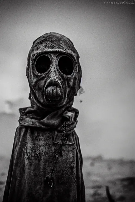 Image similar to the grotesque masked face of the watcher standing in a post apocalyptic wasteland, epic scene, dark, wet, dismal, grotesque mask, horror vibe, twilight, dark, dusk, stormy, black and white, atmospheric, moody lighting, grainy, gritty, epic