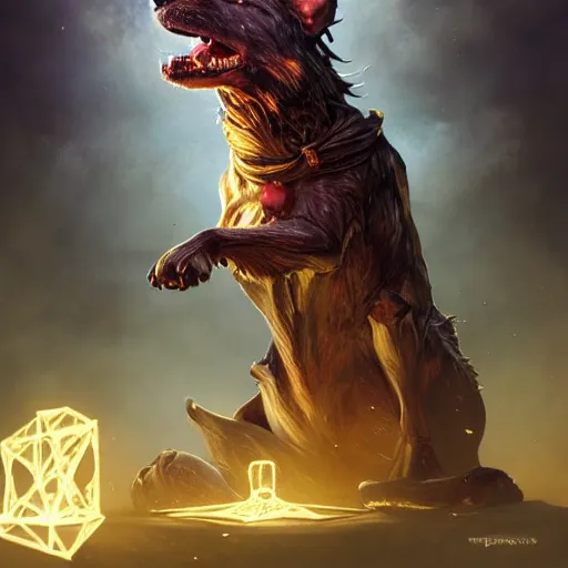 Prompt: Anthropomorphized Dog casting epic spell, magic the gathering artwork, D&D, fantasy, cinematic lighting, centered, symmetrical, highly detailed, digital painting, artstation, concept art, smooth, sharp focus, illustration, volumetric lighting, epic Composition, 8k, art by Akihiko Yoshida and Greg Rutkowski and Craig Mullins, heroic pose, oil painting, cgsociety, magic lab background