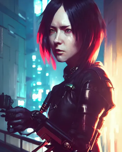 Prompt: female assassin wearing cyberpunk warcore, detailed portrait, cell shaded, 4 k, vivid colours, concept art by wlop, ilya kuvshinov, artgerm, krenz cushart, greg rutkowski, pixiv. cinematic dramatic atmosphere, sharp focus, volumetric lighting, cinematic lighting, studio quality