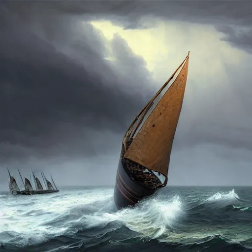 Prompt: an ancient trojan trireme sailboat crashing into rocks and shattering in a massive storm, destruction, whirlpool, trireme, skiff, wooden sailboats, by greg rutkowski, grim, lightning flashes, sky swirling with black wind, dark sky, dramatic, realistic, detailed, ancient, artstation, artgerm, digital painting