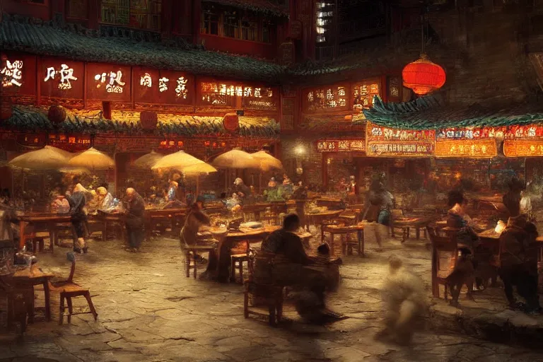 Prompt: fantasy art of a bustling tavern in china, at night, by craig mullins, highly detailed digital art, trending on artstation