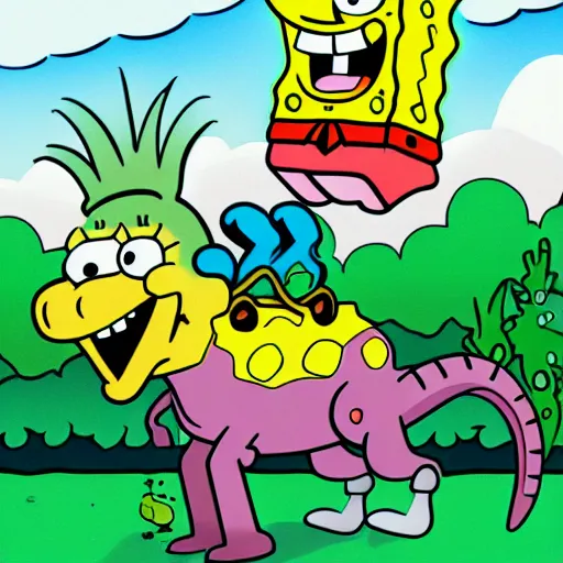 Image similar to spongebob riding a dinosaur, cartoon style