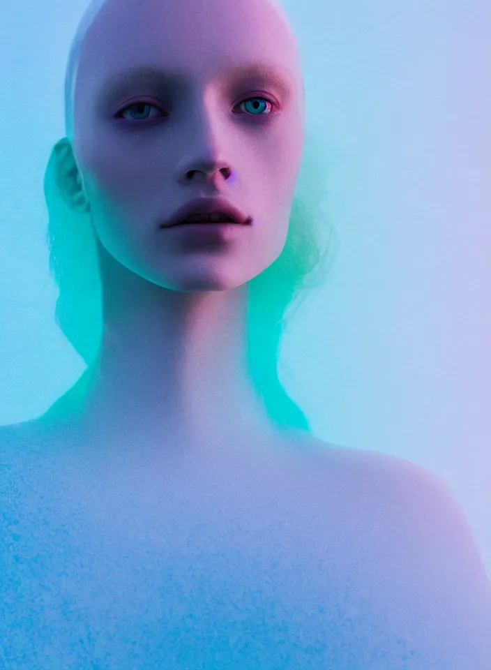 Image similar to high quality pastel coloured film close up photograph of a cyber model in an icelandic black rock!! environment in a dreamstate environment. three point light. photographic production. art directed. pastel colours. volumetric light. pastel gradient overlay. waves glitch artefacts. extreme facial detail. 8 k. filmic.