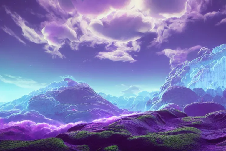 Image similar to a psychedelic realm with rolling plains made out of clouds, mountains made out of icebergs, and plant life made out of cotton candy, in the style of wlop and namek, illustration, epic, fantasy, hyper detailed, smooth, unreal engine, sharp focus, ray tracing