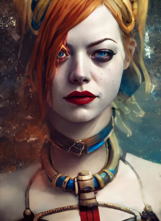Image similar to underwater steampunk portrait of emma stone as harley quinn, hyper detailed, digital art, cinematic lighting, studio quality, smooth render, octane rendered, art style by klimt and nixeu and ian sprigger and krenz cushart.