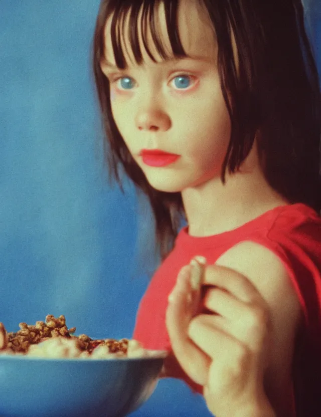 Prompt: young courtney cox eating cereal in an oversized shirt, redshift, colour shift, wide shot, coloured polaroid photograph, pastel, kodak film, hyper real, stunning moody cinematography, by maripol, fallen angels by wong kar - wai, style of suspiria and neon demon, david hockney, detailed, oil on canvas