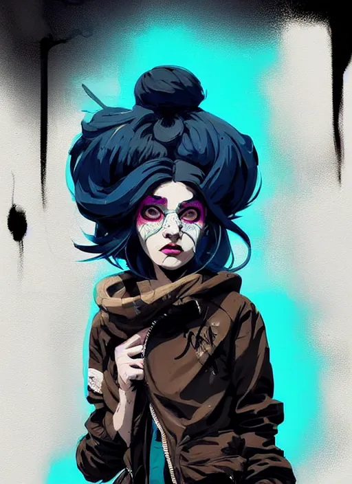 Image similar to highly detailed portrait of a sewer punk lady, tartan hoody, blue ringlet hair by atey ghailan, by greg rutkowski, by greg tocchini, by james gilleard, by joe fenton, by kaethe butcher, gradient blue, black, blonde cream and white color scheme, grunge aesthetic!!! ( ( graffiti tag wall background ) )
