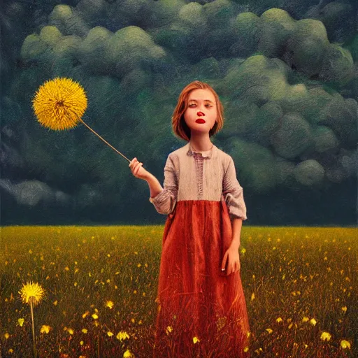 Image similar to girl with dandelion as a face, surreal photography, dream, standing in flower field, hills, big trees, sunrise dramatic light, impressionist painting, colorful clouds, digital painting, pointillism, artstation, simon stalenhag