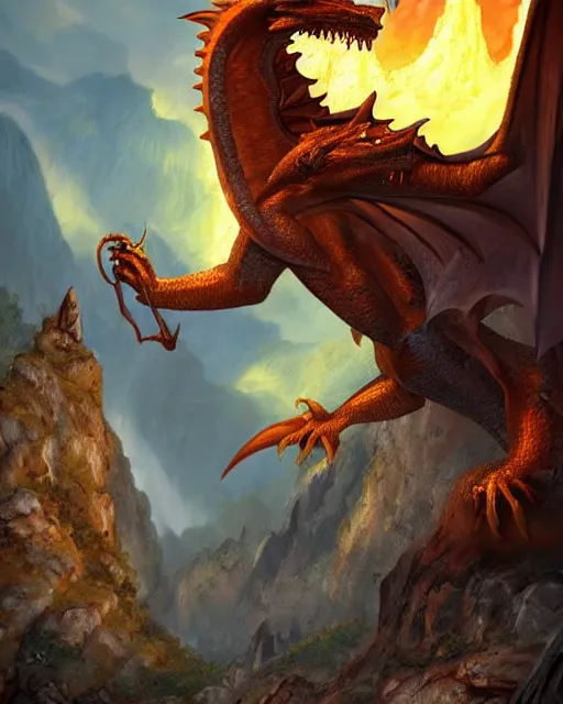 Prompt: ''dragon breathing fire, rule of thirds, fantasy, mountain landscape, d & d, digital painting, artstation, deviantart, concept art, illustration, art by dragolisco and anne stokes and nico niemi and rachael m and kaiser flames''