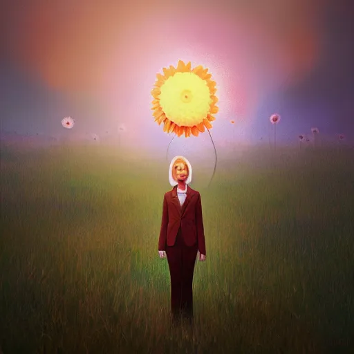 Image similar to giant daisy flower head, frontal, girl in a suit, surreal photography, sunrise, dramatic light, impressionist painting, digital painting, artstation, simon stalenhag