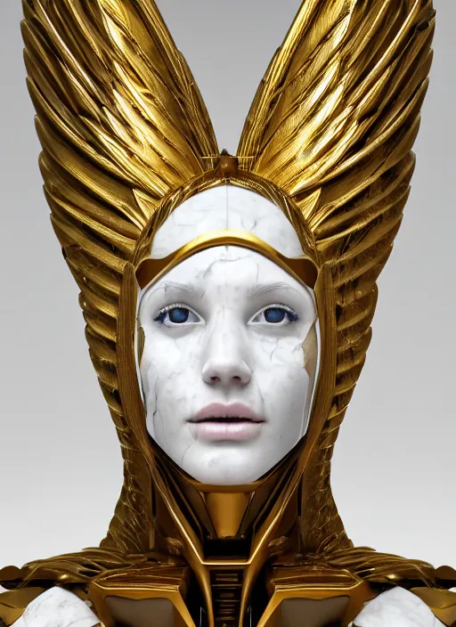 Image similar to a statue made of white marble with gold veins, of an gorgeous futuristic cybernetic angel girl, prostheses, transhumanism, full body shot, perfect symmetrical body, perfect symmetrical face, hyper realistic, hyper detailed, by johannen voss, by peter kemp, by monia merlo, by michelangelo, octane render, blender, 8 k