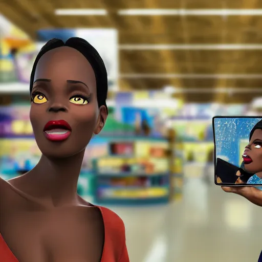 Image similar to stunning, coherent, beautiful painting, still of a creepy man following a beautiful black bbw woman in wal-mart, she is taking a selfie of the creepy man is following her, 3d, in the style of pixar, comic book style, 3d, highly detailed, highly detailed, sharp focus, bokeh, depth of field, 16k resolution, Unreal Engine 5, coherent, cinematic lighting, photorealistic, by Zhang Jingna