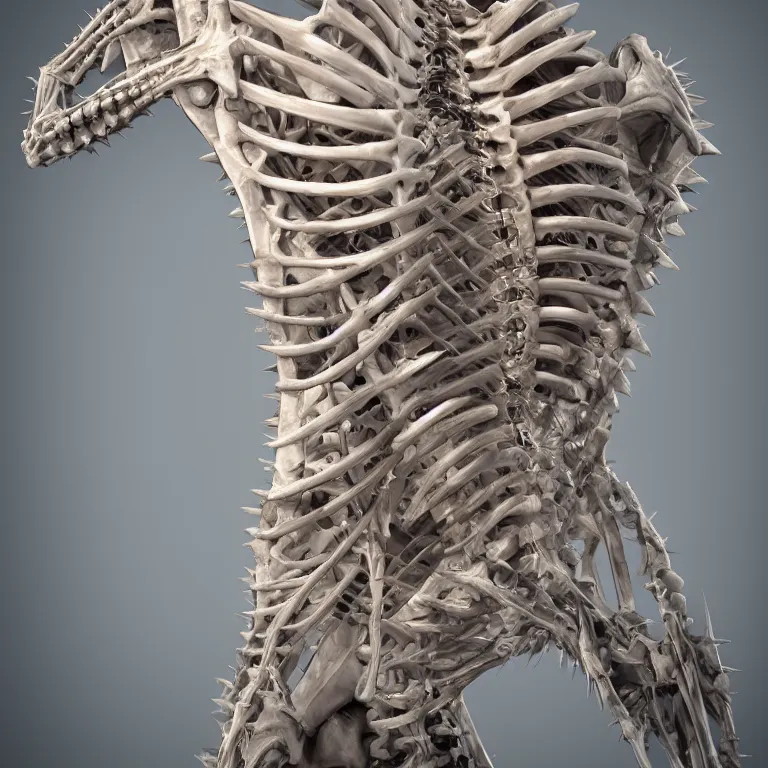 Prompt: biomechanical spiky spinal ribbed skeleton beautiful amazing 3D render trending on artstation detailed photo professional light