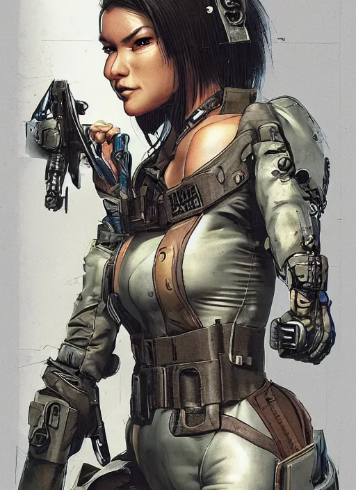 Prompt: nikki tanaka. cyberpunk mercenary in tactical harness and jumpsuit. dystopian. portrait by stonehouse and mœbius and will eisner and gil elvgren and pixar. realistic proportions. cyberpunk 2 0 7 7, apex, blade runner 2 0 4 9 concept art. cel shading. attractive face. thick lines. moody industrial landscape.