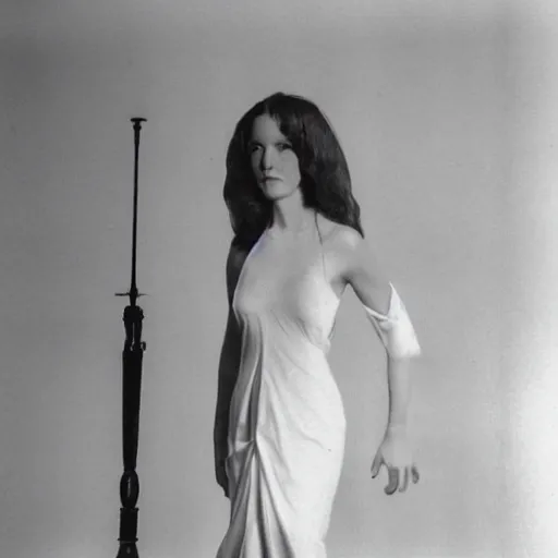 Image similar to a human figure is standing in the center of a room. the figure is wearing a white dress and has long, flowing hair.