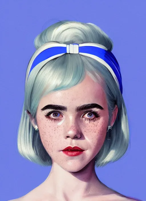 Image similar to portrait of kiernan shipka with freckles, white hair, big 1 9 6 0 s bob hairstyle with bangs and hairband, blue 1 9 6 0 s dress, intricate, elegant, glowing lights, highly detailed, digital painting, artstation, concept art, smooth, sharp focus, illustration, art by wlop, mars ravelo and greg rutkowski