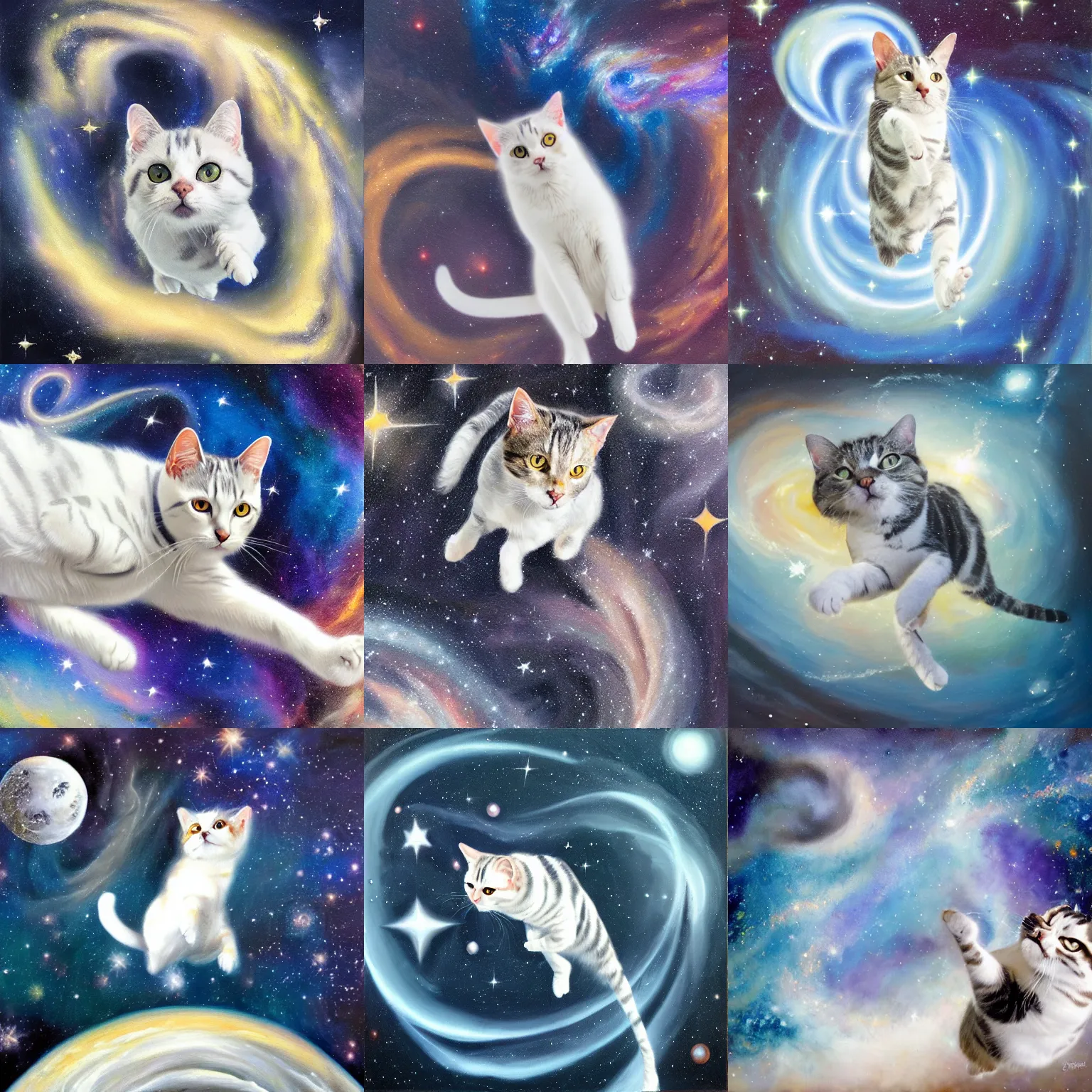 Prompt: oil painting of a white and grey tabby cat flying in front of a swirling galaxy, shimmering stars, milky way, dreamy
