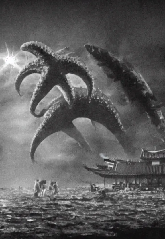 Image similar to a filmstill of a north korean monster movie, kaiju - eiga monster starfish - like trampling a traditional korean palace, foggy, film noir, video compression