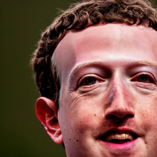 Image similar to extremely zoomed-in photo of sad Mark Zuckerberg looking at the camera with a big smile and waving