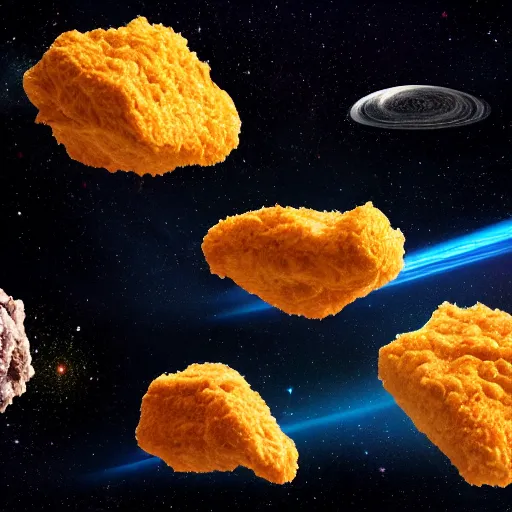 Image similar to Asteroids in space made of chicken nuggets. Space. Nebula. planets. starfield. photorealistic, 8k, cinematic, lens flare