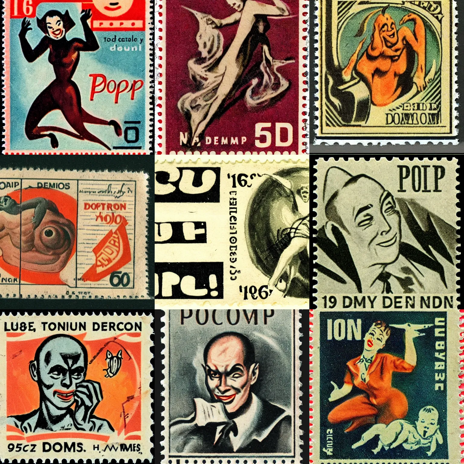 Prompt: The poop demon, vintage 1950s stamp