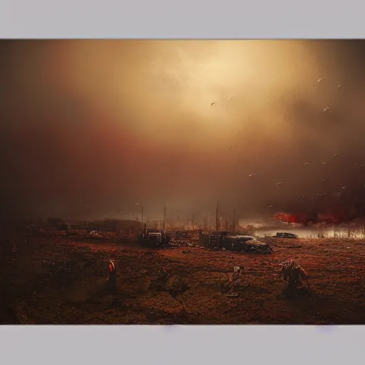 Image similar to hyper realism, realistic apocalyptic war scene, brown and red tones, dense fog