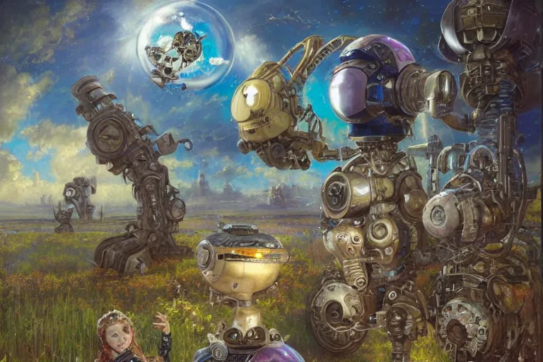 Prompt: derpy shiny mechanical android robots, Lilia Alvarado, Sophie Anderson, Mark Arian, Bob Byerley, Charlie Bowater, Mark Brooks, Steve Henderson, Justin Gerard, Arthur Hughes, Edward Robert Hughes, Mark Keathley, Victor Nizovtsev, Carlos Shwabe, Ross Tran, WLOP