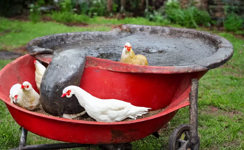 Image similar to a red wheel barrow glazed with rainwater besides the white chickens.