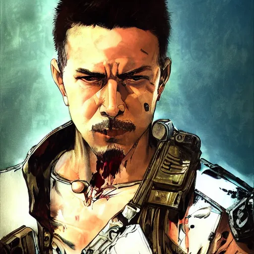 Prompt: portrait of a hero holding his gun in front of his face by yoji shinkawa, high quality, extra details, realism, ornate, colored, golden chain, blood, white skin, short hair, brown eyes, vivid, sunlight, dynamic, american man, freedom, white american soldier, painting