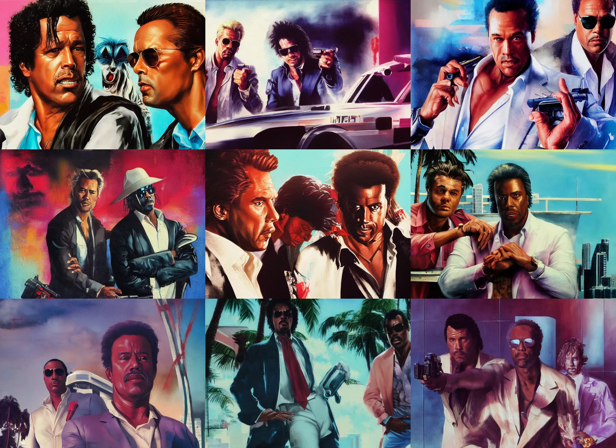 Prompt: a mixed media painting of crockett and tubbs in eighties miami vice, ultra realistic, highly detailed faces, true life, 8 k, masterpiece, cinematic, by frank frazetta, greg rutkowski, yoko taro, christian macnevin, beeple, wlop, krenz cushart, epic character art, dramatic lighting