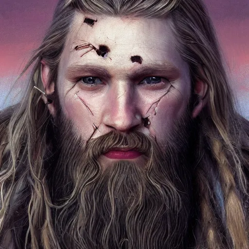 Image similar to an portrait of an happy male viking, long blonde hair, beard, eye scar, lip scar, detailed, centered, digital painting, artstation, concept art, donato giancola, Joseph Christian Leyendecker, WLOP, Boris Vallejo, Breathtaking, 8k resolution, extremely detailed, beautiful, establishing shot, artistic, hyperrealistic, beautiful face, octane render