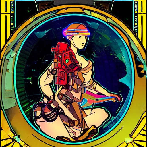 Image similar to A female hoverboarder, cyberpunk, digital art, by Studio Ghibli and Alphonse Mucha