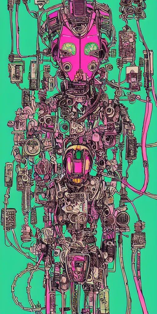 Prompt: flowerpunk mech scally samurai - it's one character in a mask with a lot of wires and tubes like in a ghost in the shell, risograph grainy painting, vibrant colors, wrapped thermal background, bymike mignola and moebius art, midshot wide portrait