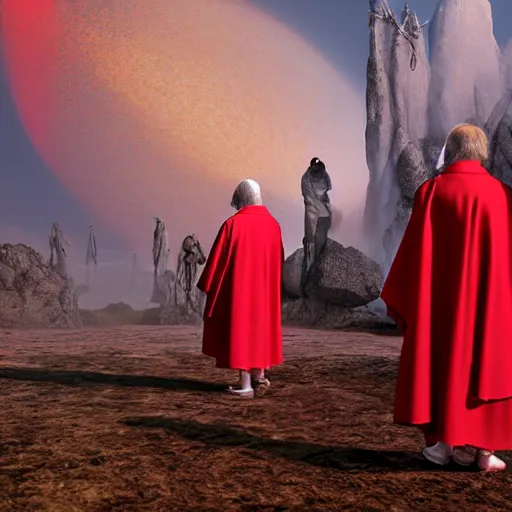 Image similar to octane render by mort kunstler and annie leibovitz and angus mckie, a line of people in colorful tunics receiving holy communion from a monstrous alien creature in a red cardinal robe, 4 d, 4 k, volumetric lighting, ray traced lighting, ultra - detailed