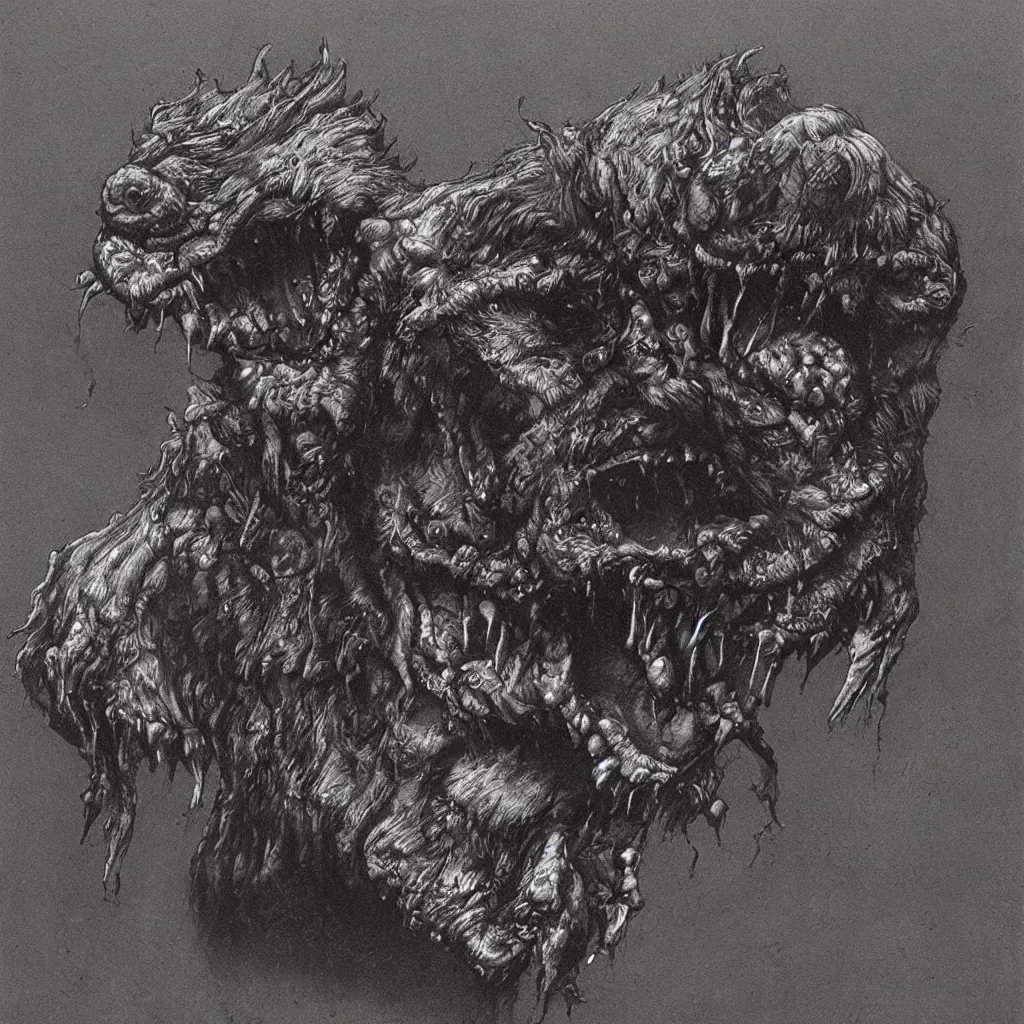 Image similar to horrifying and demonic dog with fangs, in the style of zdislaw beksinski