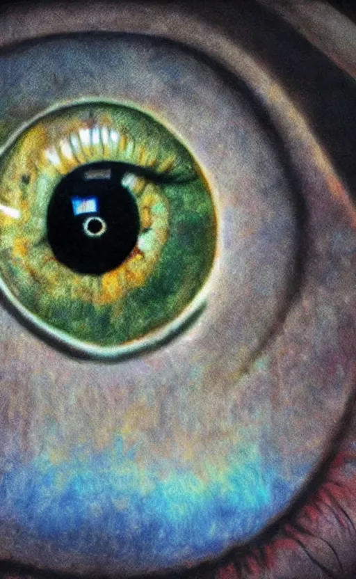 Image similar to image of an eyeball with iridescent pupil, art, photorealistic, realistic, photo, 8K, HDR, 8K resolution, detailed, high quality, high resolution, lossless quality