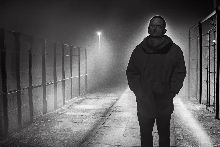 Image similar to a cinematic wideangle portrait of an emotional middle aged male, prison yard, fog filled, spotlights shine down from the watchtowers, perfectly lit face, ultra realistic, depth, beautiful lighting
