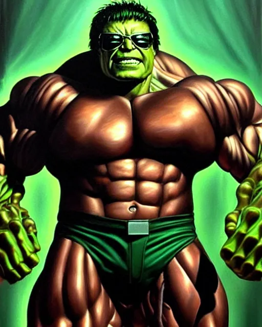 Image similar to hyperrealistic oil painting of cyberpunk mechanical hulk as stan lee, stan lee as a muscular hulk