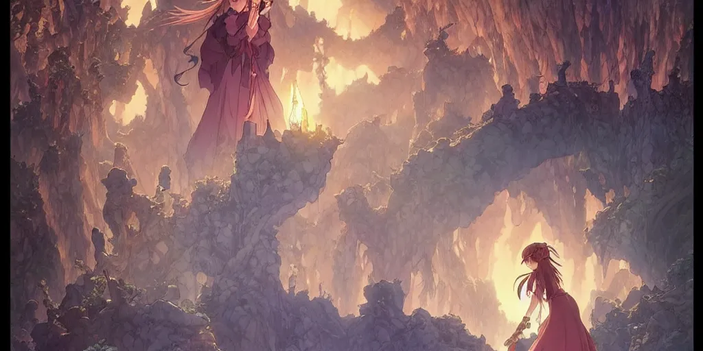 Image similar to the girl and the magic dragons cave. anime visual. torches, dark. by hayao miyazaki and rossdraws and artgerm and chie yoshii and detmold and greg rutkowski and alphonse mucha. anime production by studio ghibli. high quality, stunning, intricate detailed environment. 8 k