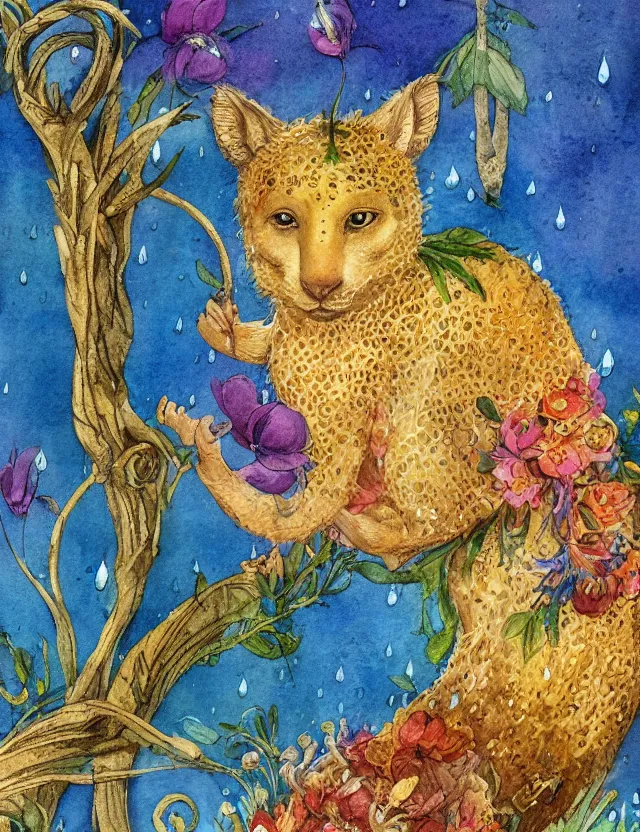 Image similar to deity of spring rain, in animal form. this watercolor and goldleaf work by the beloved children's book illustrator has interesting color contrasts, plenty of details and impeccable lighting.