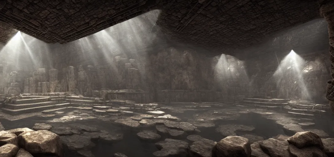 Prompt: dramatic photo of underground aztec interior, ambient occlusion, glowing pool of water, ancient goden statues, raytracing, unreal engine, dramatic lighting, detailed,, global illumination, god rays, 3 d artstation by greg rutowski and jessica rossier