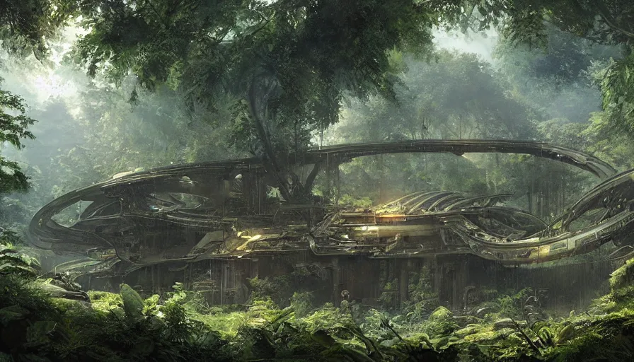 Image similar to a beautiful painting of an archaeological excavation of the battlestar galactia in a lush jungle, ray traced lighting by kalin popov and greg rutkowski