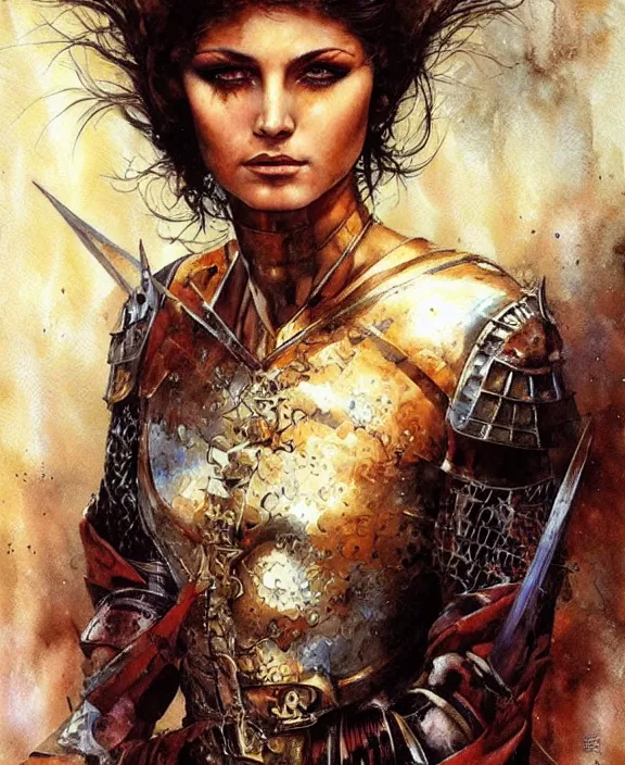 Image similar to a beautiful young medieval warrior, by karol bak, fine art, watercolor