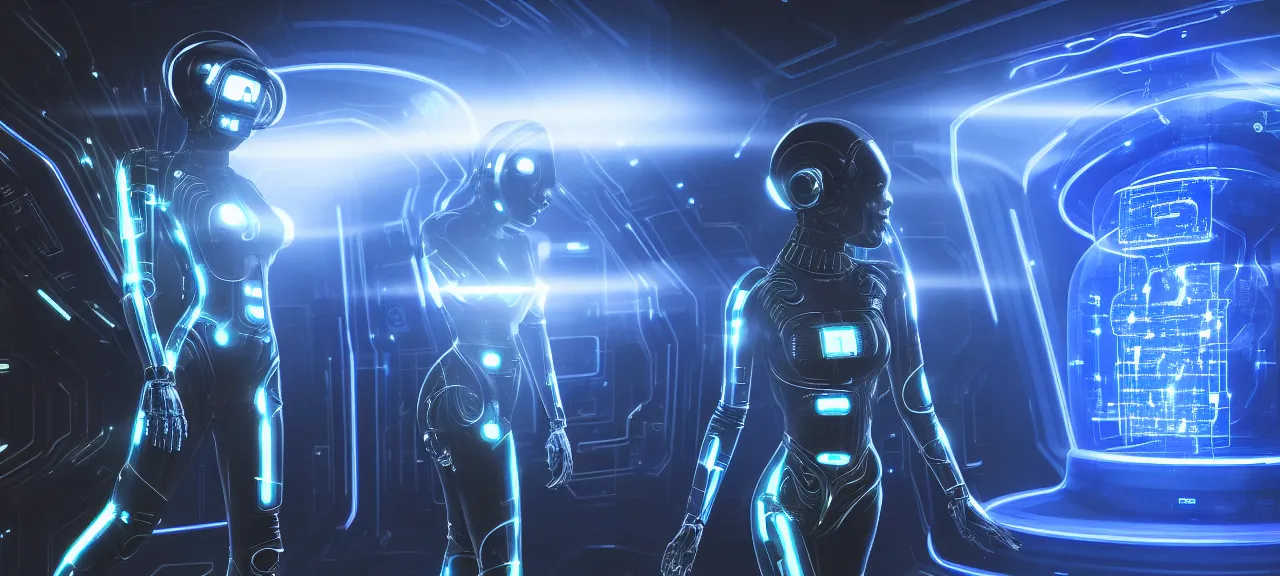 Image similar to beauty cybersuits in holograms of alien artifacts, electrical case display, total recall tech, ultrarealistic, dramatic lighting, electrical details, high details, 4k, 8k, best, accurate, photorealism, ultrarealistic, digital painting, beautiful lighting