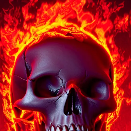 Image similar to a highly detailed human skull on fire in front of a glowing red background, 3 d, fire through eyes, octane render, symmetrical, hyper realism, highly detailed, digital art, artstation, concept art, cinematic lighting, strong bokeh, trending